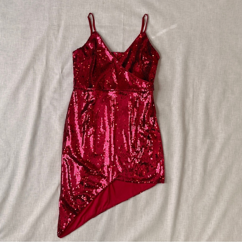 Lulus‎ Below the Stars Wine Red Sequin Asymmetrical Bodycon Dress Size Large NWT - Picture 7 of 9